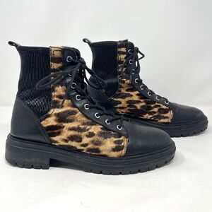 Vince Camuto Bestenda3 Black Leopard Leather Lace Up Moto Lug Sole Combat Boot 9